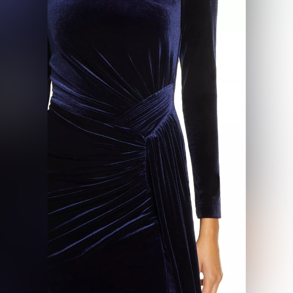 Vince Camuto Velvet Long Sleeve Ruched Formal Gown Dress Side Slit Navy Size 4 - Picture 2 of 10